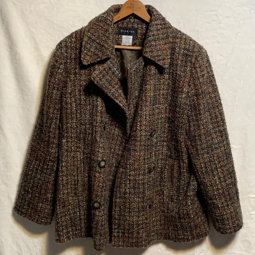 Vintage Braetan Womens XL Multi Color Tweed Double Breasted Pea Coat Wool Blend